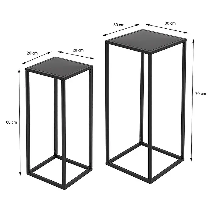 ML-Design Pflanztopf Blumentopfständer Schwarz Wetterfeste und robuste Blumentopfhalter - Metall, Schwarz - Das Bild zeigt zwei schwarze Pflanzensäulen mit den Maßen 20x20x60 cm und 30x30x70 cm, die sich ideal für die stilvolle Präsentation von Pflanzen eignen.