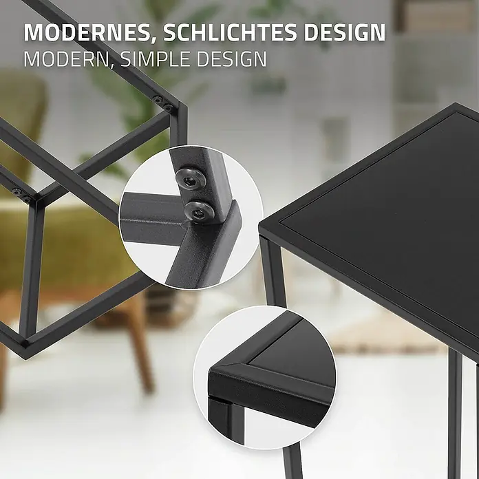 ML-Design Pflanztopf Blumentopfständer Schwarz Wetterfeste und robuste Blumentopfhalter - Metall, Schwarz - Nahaufnahme eines modernen schwarzen Beistelltisches mit minimalistischem Design und detaillierten Verbindungen.