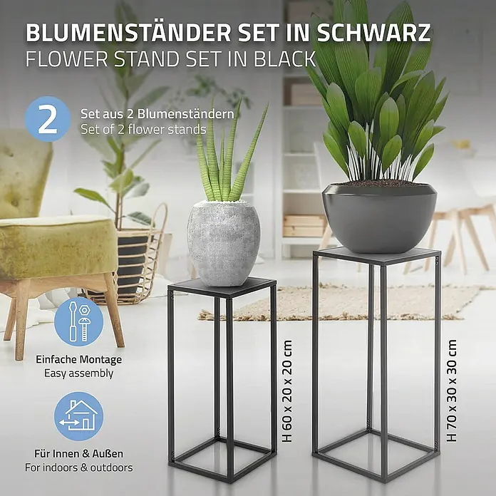 ML-Design Pflanztopf Blumentopfständer Schwarz Wetterfeste und robuste Blumentopfhalter - Metall, Schwarz - Bild zeigt ein schwarzes Blumenständer-Set. Das Set beinhaltet zwei unterschiedlich große Ständer, ideal für drinnen und draußen.