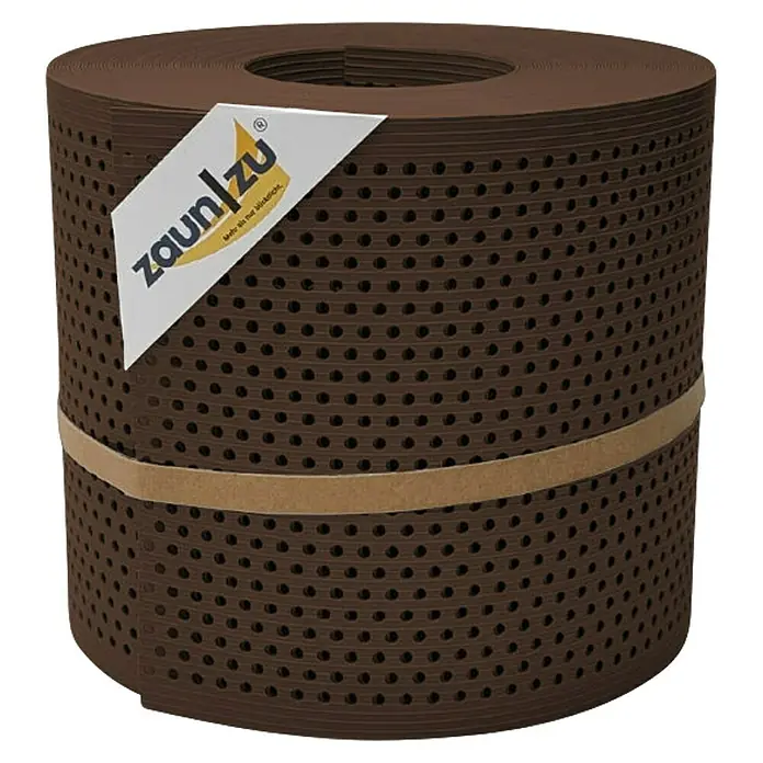 zaun|zu Sichtschutzstreifen Rille Gelocht 20% PP - 26 m x 19 cm x 0,1 cm, Braun - Zaunblende auf Rolle mit Etikett. Blickschutz für Zäune mit feiner Lochstruktur in Braun.