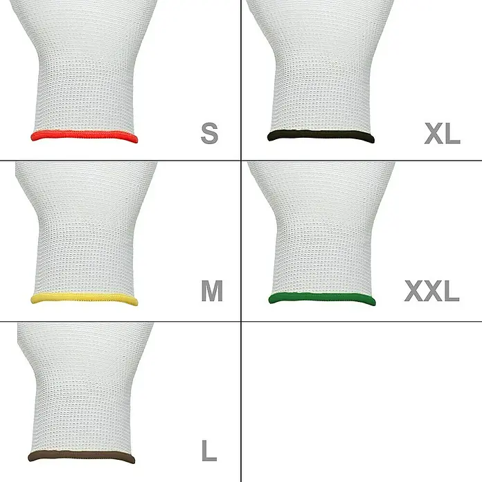 ECD Germany Arbeitshandschuhe 24er Set Mechanikerhandschuhe Größe: M atmungsaktiv & rutschfest - Weiß, Polyester - Größenangaben für Handschuhe: S (rot), M (gelb), L (braun), XL (schwarz), XXL (grün).