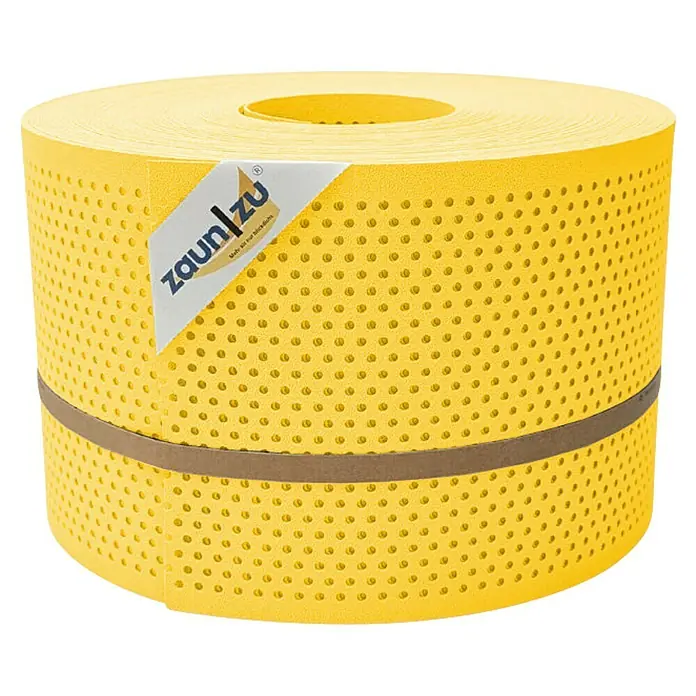 zaun|zu Sichtschutzstreifen Premium Gelocht 20% - 50 m x 19 cm x 0,1 cm, Gelb - Gelbe Zaunfolie auf einer Rolle, mit braunem Band umwickelt und einem Markenetikett.