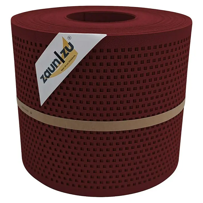 Sichtschutzstreifen Zaun|Zu Quadratisch - 26 m x 19 cm x 0,1 cm, Bordeaux - Abbildung einer Zaun/Zu-Sichtschutzrolle in Burgunderrot mit quadratischen Perforationen, verpackt mit einem schlichten Etikett und einem Band.