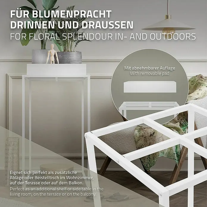 ML-Design Pflanztopf Blumentopfständer Weiß mit hohem Rand Pflanzenregal Pflanztopf - Metall, Weiß - Produktbild eines weißen Beistelltisches mit Pflanzen. Vielseitig für Blumenpracht drinnen und draußen geeignet.