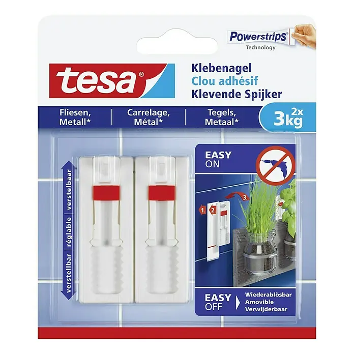Tesa Verstellbarer Klebenagel - Geeignet für: Fliesen, Belastbarkeit: 3 kg, 2 Stk., Weiß - Tesa Klebenägel für Fliesen und Metall, 2 Stück, jeweils bis zu 3kg belastbar. Einfache Montage ohne Bohren, verstellbar und wiederablösbar.