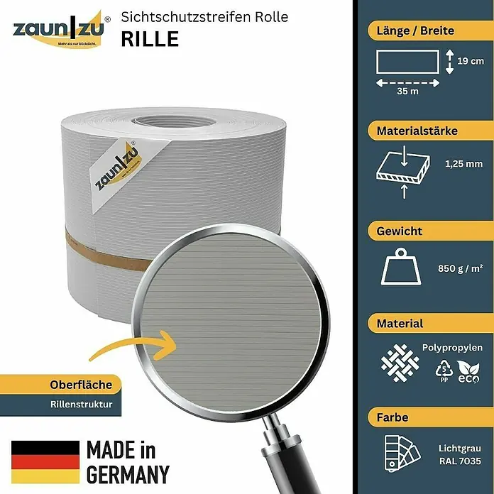 zaun|zu Sichtschutzstreifen Rille - 35 m x 19 cm x 0,1 cm, Lichtgrau - Produktbild einer Zaun|Zu Sichtschutzstreifen Rolle "Rille" in Hellgrau, ideal für den Sichtschutz mit Rillenstruktur, Made in Germany.