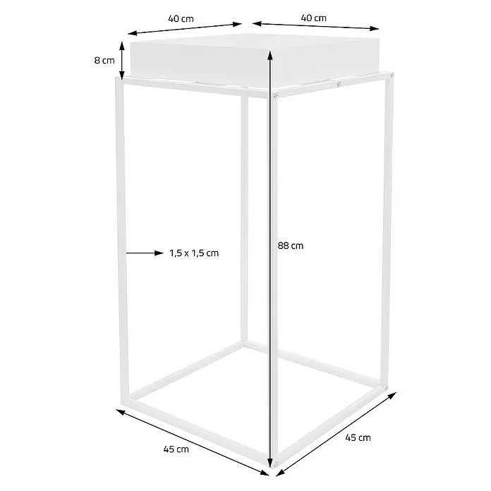 ML-Design Pflanztopf Blumentopfständer Weiß mit hohem Rand Pflanzenregal Pflanztopf - Metall, Weiß - Abbildung eines schlichten, weißen Präsentationstisches mit den Maßen 40x40 cm oben und 45x45 cm unten und einer Höhe von 88 cm.