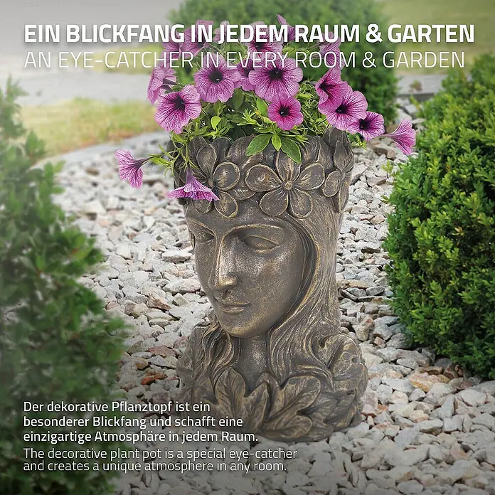 ML-Design Pflanztopf Frauenkopf Bronze massiv Übertopf Pflanzer Gartendeko - Sonstiges, Bronze - Die dekorative Pflanztopf-Büste ist ein besonderer Blickfang für jeden Raum oder Garten und schafft eine einzigartige Atmosphäre.