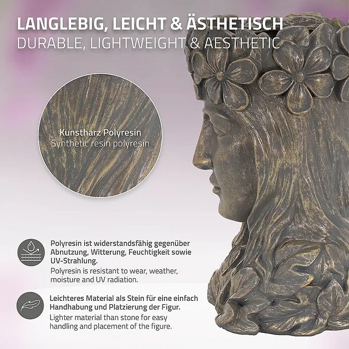 ML-Design Pflanztopf Frauenkopf Bronze massiv Übertopf Pflanzer Gartendeko - Sonstiges, Bronze - Nahaufnahme einer dekorativen Frauenbüste aus Kunstharz, die sich durch ihre Witterungsbeständigkeit und ihr leichtes Gewicht auszeichnet.