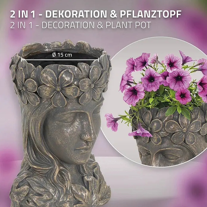 ML-Design Pflanztopf Frauenkopf Bronze massiv Übertopf Pflanzer Gartendeko - Sonstiges, Bronze - Dekorative 2-in-1 Pflanztopf-Büste "Frau mit Blumenkranz" für den Innen- und Außenbereich, Ø 15 cm, ideal für Pflanzen und als Dekoration.
