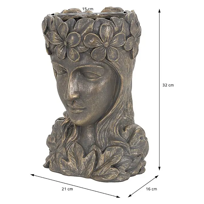 ML-Design Pflanztopf Frauenkopf Bronze massiv Übertopf Pflanzer Gartendeko - Sonstiges, Bronze - Detailaufnahme einer dekorativen Pflanzschale in Form eines Frauenkopfes mit Blumenkranz, die Maße sind angegeben.
