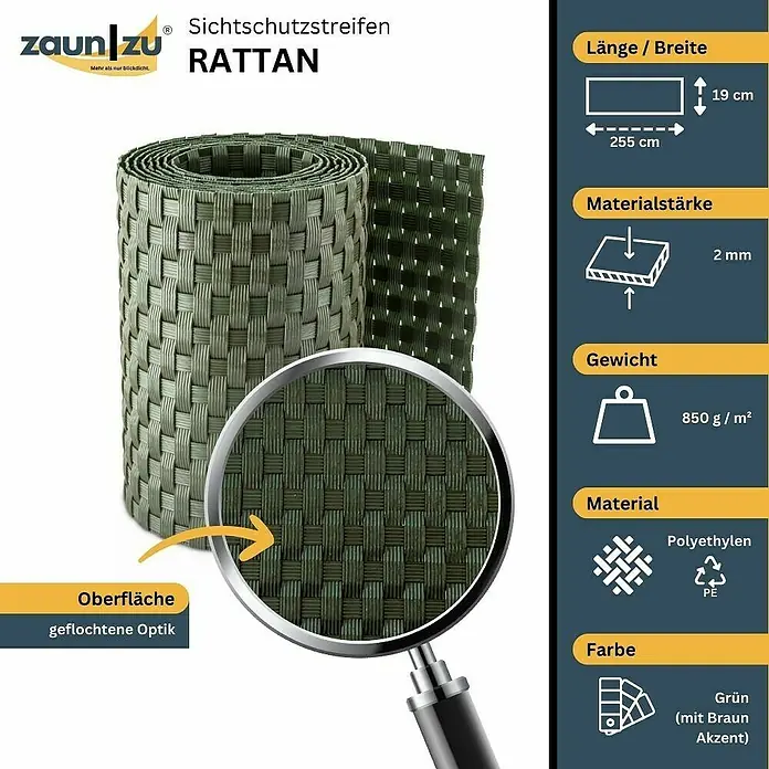 zaun|zu Sichtschutzstreifen Rattan Einzel - 2,55 m x 19 cm x 0,2 cm, Grün - Abbildung eines Zaunblenden-Rattan-Sichtschutzstreifens in Grün mit braunen Akzenten, mit Details zu Größe, Material und Gewicht.