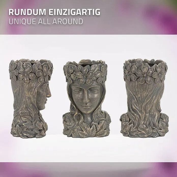 ML-Design Pflanztopf Frauenkopf Bronze massiv Übertopf Pflanzer Gartendeko - Sonstiges, Bronze - Einzigartiger Pflanztopf in Form eines Frauenkopfes mit Blumenschmuck, aus verschiedenen Perspektiven dargestellt.