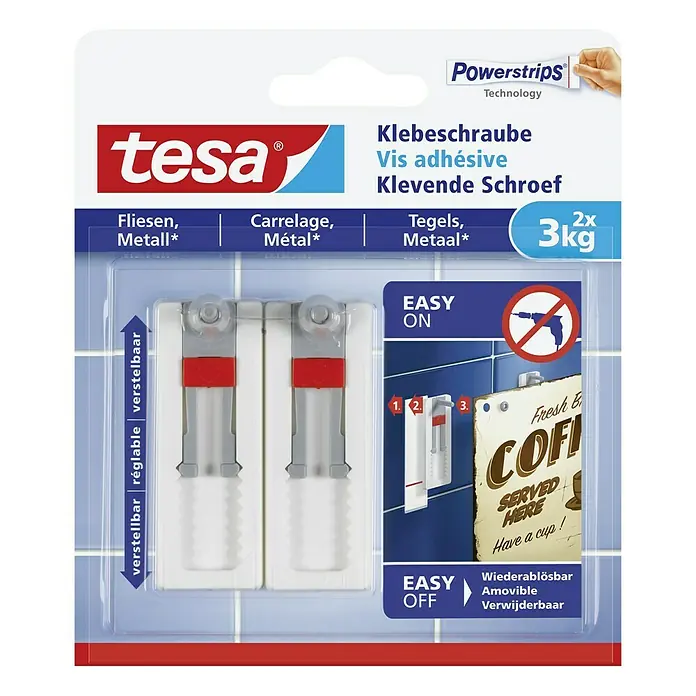 Tesa Verstellbare Klebeschraube - Geeignet für: Fliesen, Belastbarkeit: 3 kg, 2 Stk., Weiß - Tesa Klebeschraube: Verstellbare, wiederablösbare Schrauben zur einfachen Befestigung von Objekten auf Fliesen und Metalloberflächen, bis zu 3kg Tragkraft.