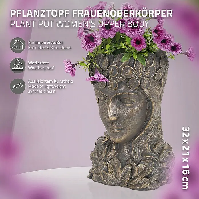 ML-Design Pflanztopf Frauenkopf Bronze massiv Übertopf Pflanzer Gartendeko - Sonstiges, Bronze - Pflanzgefäß in Form einer Frauenbüste mit Blumen, geeignet für drinnen und draußen, aus wetterfestem Kunstharz.