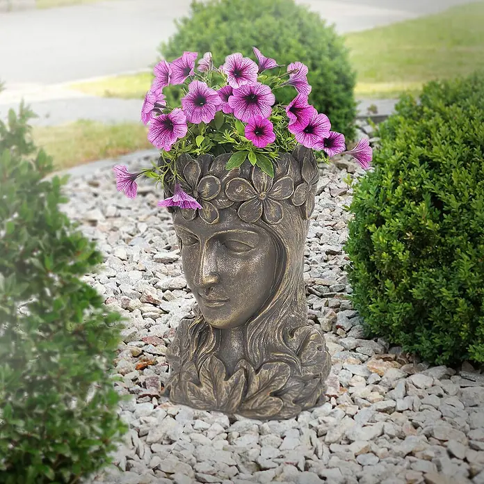 ML-Design Pflanztopf Frauenkopf Bronze massiv Übertopf Pflanzer Gartendeko - Sonstiges, Bronze - Frauenkopf-Pflanzgefäß aus Kunstharz mit zarten, violetten Blüten, perfekt für den Garten oder die Terrasse.