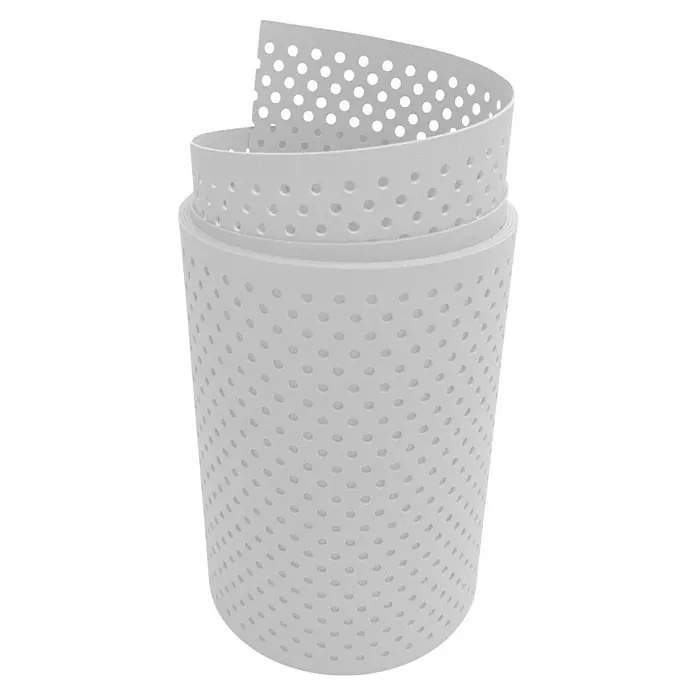 zaun|zu Sichtschutzstreifen Premium Gelocht 15% - 2,55 m x 19 cm x 0,1 cm, Weiß transluzent - Abbildung eines gewickelten, perforierten, weißen Ventilationsbandes. Ideal für Komfort und Atmungsaktivität in verschiedenen Anwendungen.