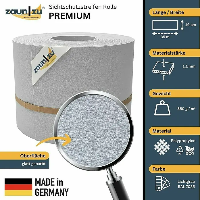zaun|zu Sichtschutzstreifen Premium 35 m Rolle - 35 m x 19 cm x 0,1 cm, Lichtgrau - Sichtschutzstreifen Rolle Premium von Zaun zu. Die Rolle ist 35 m lang und 19 cm breit. Das Material ist Polypropylen und die Farbe ist Lichtgrau.