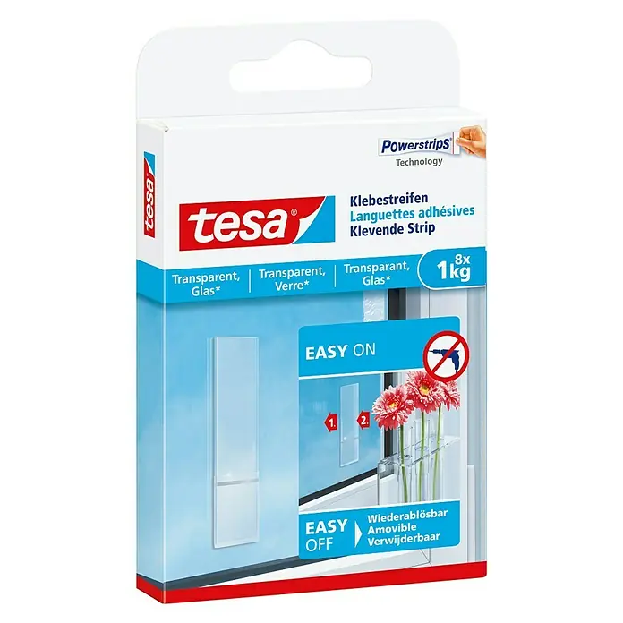 Tesa Klebestreifen - Geeignet für: Glas, Belastbarkeit: 1 kg, 8 Stk., Transparent - Produktbild von Tesa Powerstrips Technology, transparenten Klebestreifen für Glas, hält bis zu 1 kg, 8 Stück.