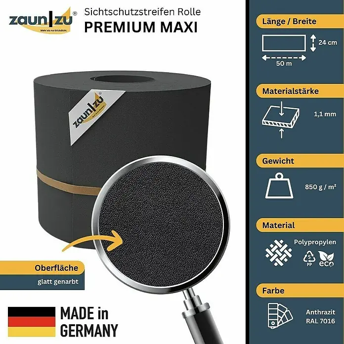 zaun|zu Sichtschutzstreifen Premium Maxi - L x B x H: 50 m x 24 cm x 0,1 cm, Anthrazit - Zaunstreifenrolle Premium Maxi mit glatter Narbenoberfläche, 50 m Länge und 24 cm Breite, hergestellt in Deutschland.