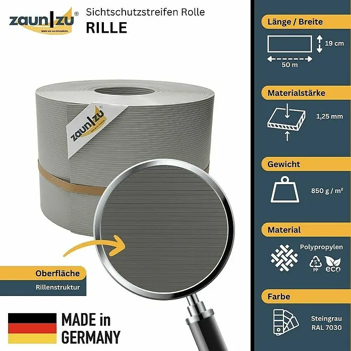 zaun|zu Sichtschutzstreifen Rille PP DSM - 50 m x 19 cm x 0,1 cm, Steingrau - Produktbild einer Sichtschutzstreifen Rolle von Zaun zu, Farbe Steingrau RAL 7030, Material Polypropylen, Maße 19 cm x 50 m.