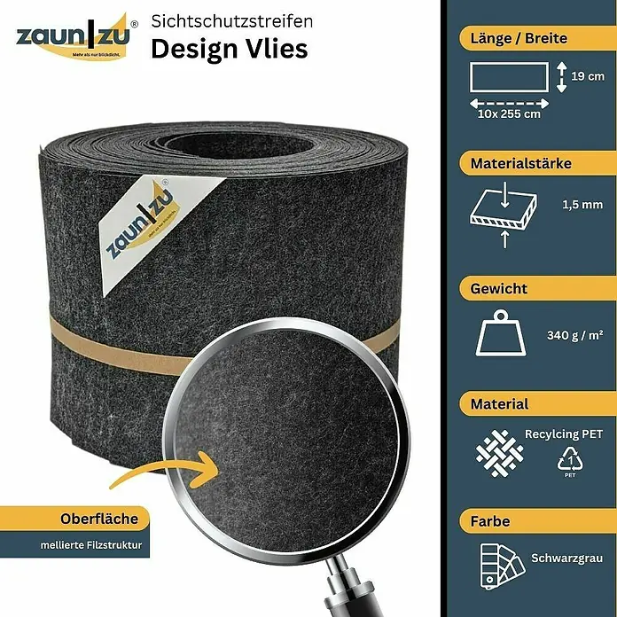 zaun|zu Sichtschutzstreifen Design Schwarzgrau - 2,55 m x 19 cm x 0,2 cm, Schwarzgrau, 10 Stk. - Zaunstreifen Design Vlies: Sichtschutzrolle aus recyceltem PET, 19cm breit, 1,5mm stark, 340g/m², in Schwarzgrau mit Filzstruktur.