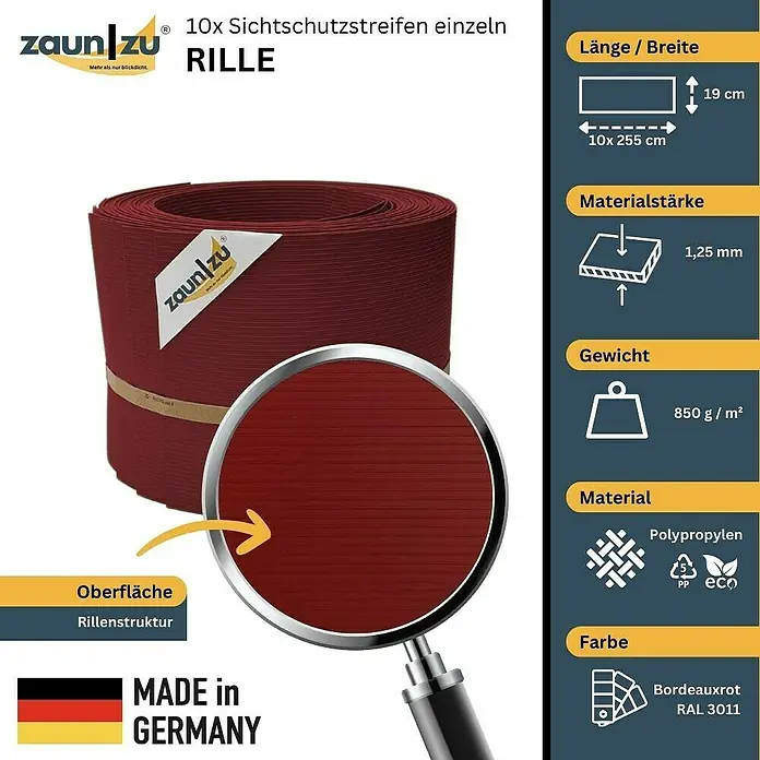 zaun|zu Sichtschutzstreifen Rille 10 x Einzelstreifen - 25,5 m x 19 cm x 0,1 cm, Bordeauxrot - Das Bild zeigt Sichtschutzstreifen von Zaun zu RILLE in Bordeauxrot, 10 Stück einzeln, mit Rillenstruktur und technischen Details.