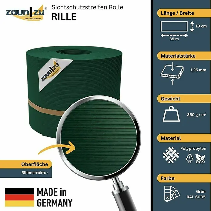 zaun|zu Sichtschutzstreifen Rille - 35 m x 19 cm x 0,1 cm, Grün - Sichtschutzstreifen Rolle von Zaun zu, Modell Rille, in Grün. Abmessungen: 35m Länge, 19cm Breite, Materialstärke 1,25mm, Gewicht 850g/m², aus Polypropylen.