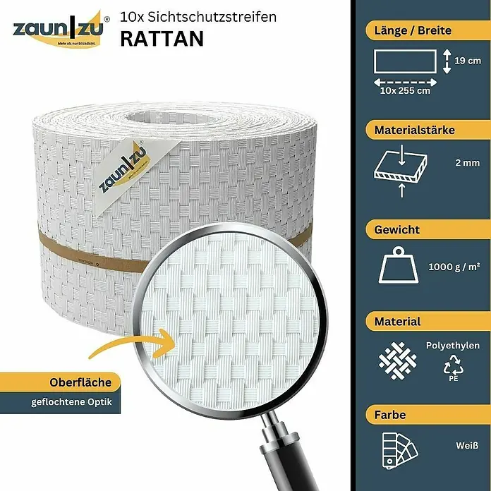 zaun|zu Sichtschutzstreifen Rattan 10 x Einzelstreifen - 25,5 m x 19 cm x 0,2 cm, Weiß - Abbildung der 10er-Packung ZaunZu Rattan Sichtschutzstreifen in Weiß, mit den Maßen 19cm x 255cm, Materialstärke 2mm und geflochtener Optik.