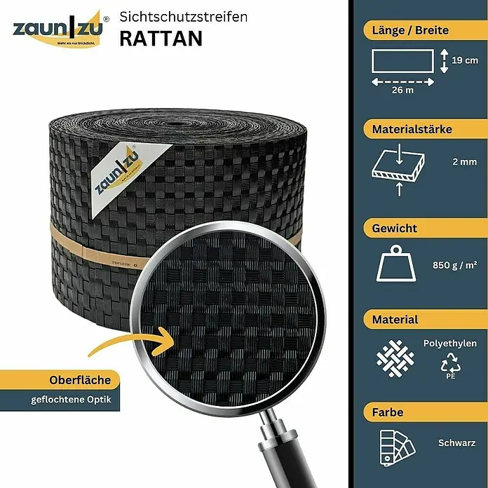 zaun|zu Sichtschutzstreifen Rattan PE - 26 m x 19 cm x 0,2 cm, Schwarz - Zaunstreifen "Rattan" in Schwarz, 26 m lang und 19 cm breit, aus Polyethylen gefertigt. Oberfläche in geflochtener Optik.