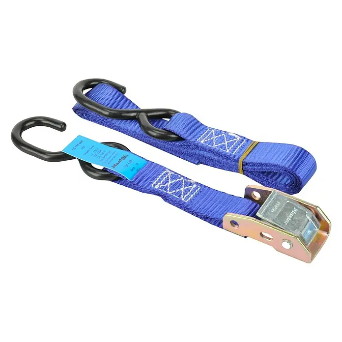 MasterLock Zurrgurt Eco - 2 m x 25 mm, Zurrkraft: 150 kg - Zwei blaue Master Lock Spanngurte mit Haken und Schnalle zur Ladungssicherung.
