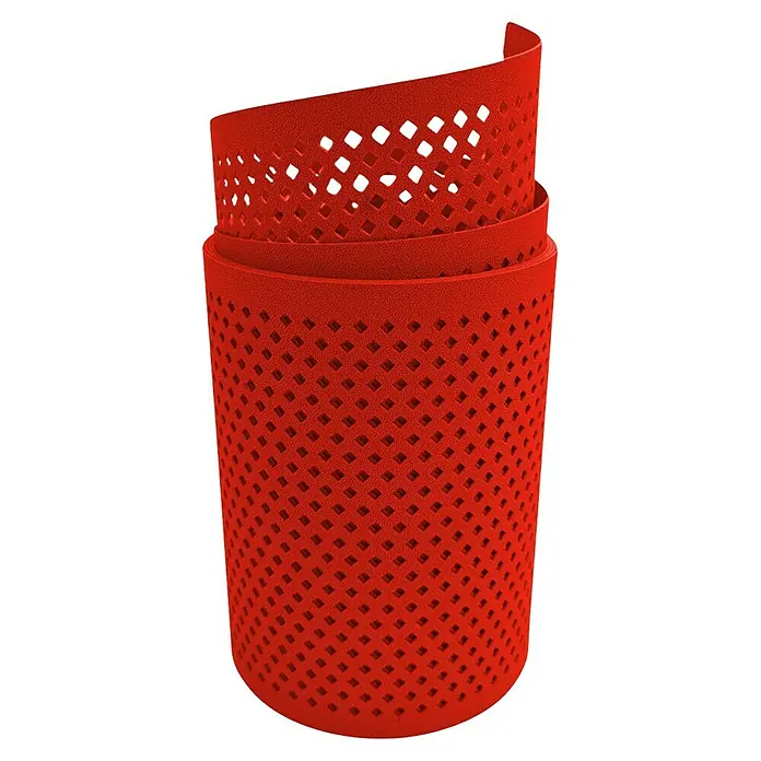 zaun|zu Sichtschutzstreifen Premium Gelocht Diamant - 2,55 m x 19 cm x 0,1 cm, Rot - Rotes, perforiertes Lenkerband für Fahrräder. Das Band ist aufgerollt und zeigt ein regelmäßiges Rautenmuster mit Löchern für Atmungsaktivität und Komfort.