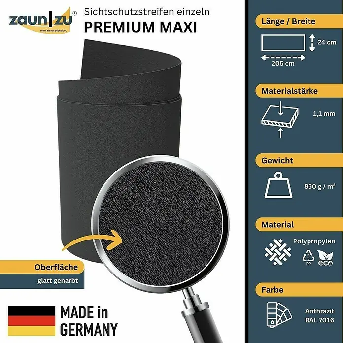 zaun|zu Sichtschutzstreifen Premium Maxi - L x B x H: 2,05 m x 24 cm x 0,1 cm - Produktbild der Zaun|Zu Premium Maxi Sichtschutzstreifen in Anthrazit, hergestellt in Deutschland.