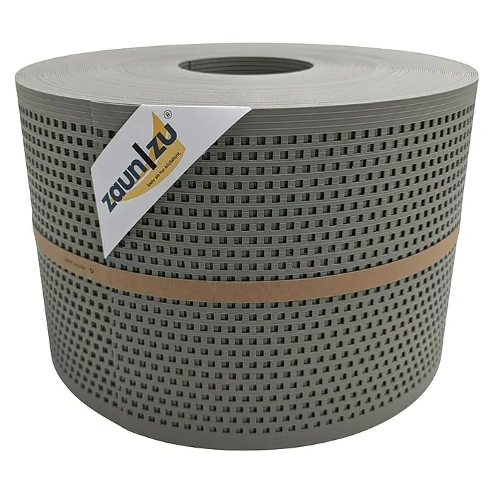 zaun|zu Sichtschutzstreifen Rille Gelocht Quadrat - 50 m x 19 cm x 0,1 cm, Steingrau - Rolle grauer Zaunstreifen von ZaunZu für mehr Privatsphäre und als dekorativer Windschutz.
