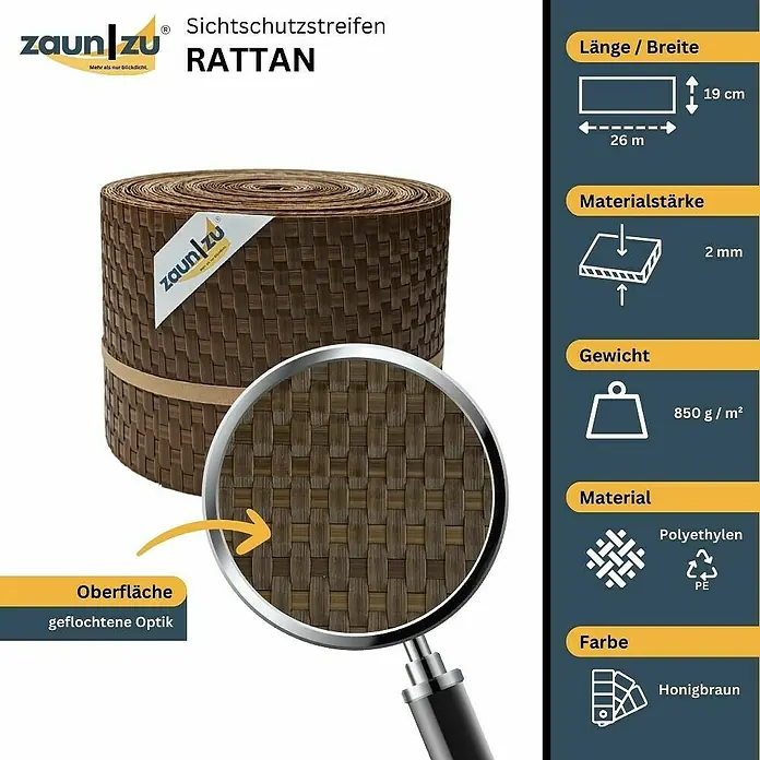 zaun|zu Sichtschutzstreifen Rattan PE - 26 m x 19 cm x 0,2 cm, Honigbraun - Sichtschutzstreifen Rattan von Zaun zu. Das braune Sichtschutzelement hat die Maße 26 m x 19 cm und ist aus Polyethylen gefertigt.