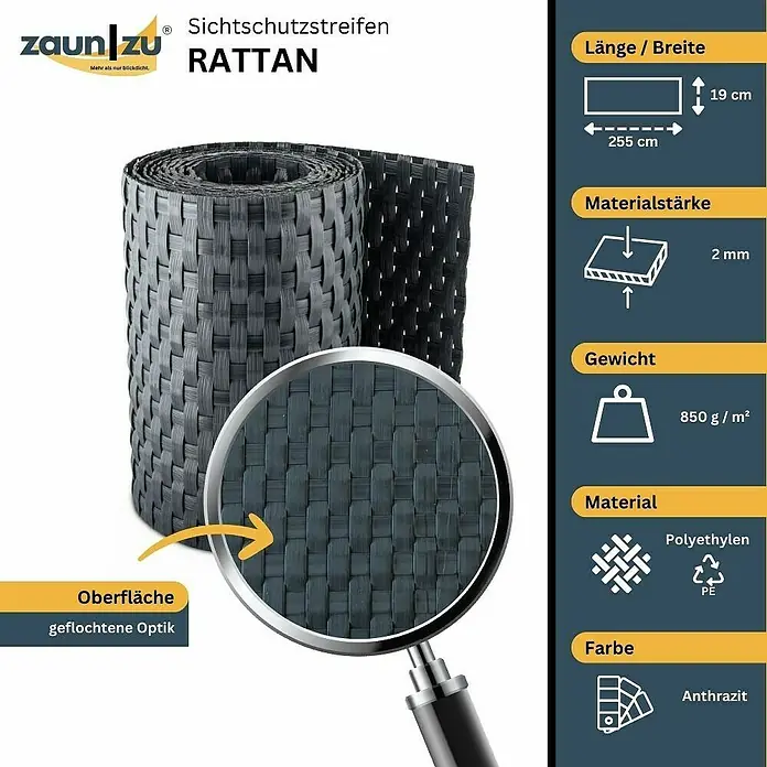 zaun|zu Sichtschutzstreifen Rattan Einzel - 2,55 m x 19 cm x 0,2 cm, Anthrazit - Das Bild zeigt Zaunstreifen aus Rattan in Anthrazit. Die Streifen sind 255 cm lang und 19 cm breit, Materialstärke beträgt 2 mm, Gewicht 850 g/m².