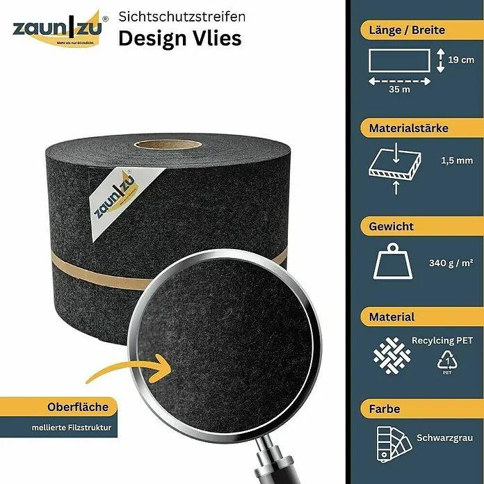zaun|zu Sichtschutzstreifen Design Schwarzgrau - 35 m x 19 cm x 0,2 cm, Schwarzgrau, 1 Stk. - Produktbild eines ZaunVlies Sichtschutzstreifens "Design Vlies" in Anthrazit, bestehend aus recyceltem PET, Länge 35 m und einer Breite von 19 cm.