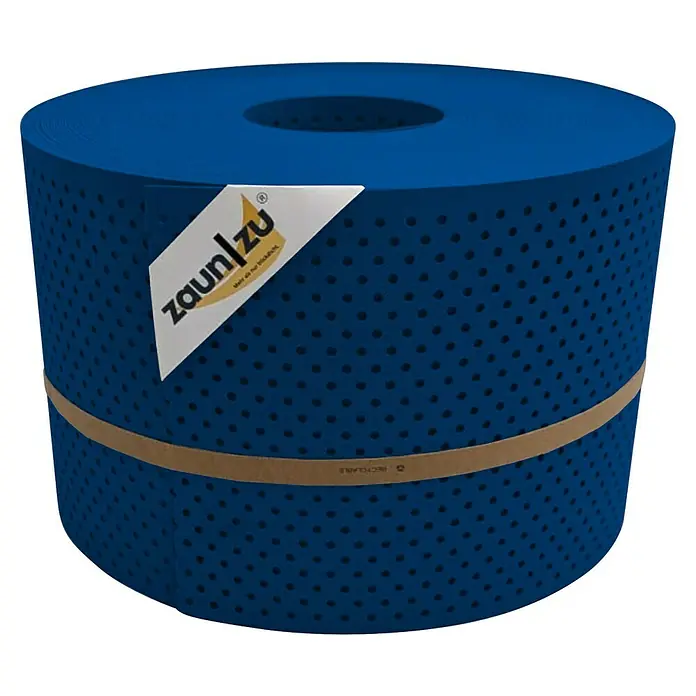 zaun|zu Sichtschutzstreifen Premium Gelocht 15% - 50 m x 19 cm x 0,1 cm, Enzianblau - Eine Rolle blaues Zaunmaterial mit Löchern und einem Papierband in der Mitte mit der Aufschrift "Recyclebar".