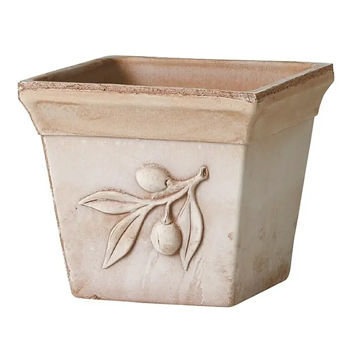 Deroma Olive Pflanzkasten - Außenmaß (L x B x H): 25 x 25 x 21 cm, Keramik, Terracotta - Quadratischer Pflanztopf aus Terrakotta mit Olivenmotiv. Perfekt für Kräuter oder kleine Pflanzen. Schlichtes Design für den Innen- und Außenbereich.