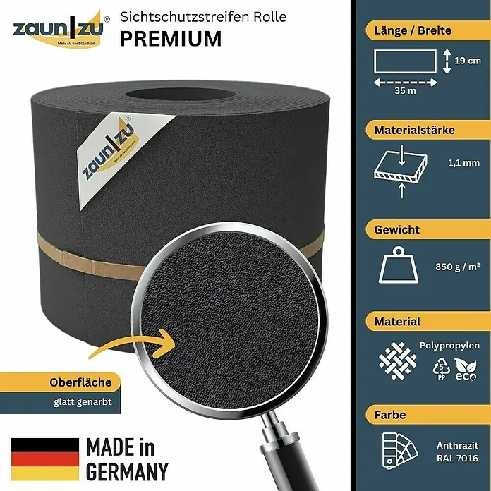 zaun|zu Sichtschutzstreifen Premium 35 m Rolle - 35 m x 19 cm x 0,1 cm, Anthrazit - Abbildung einer Zaun zu Sichtschutzstreifen Rolle Premium, anthrazit, aus Polypropylen, 35 m lang und 19 cm breit.