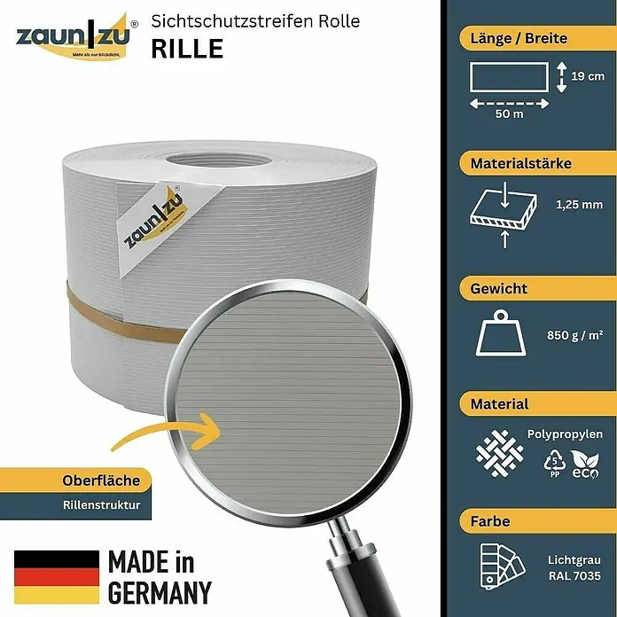 zaun|zu Sichtschutzstreifen Rille PP DSM - 50 m x 19 cm x 0,1 cm, Lichtgrau - Produktbild einer Rolle Sichtschutzstreifen "RILLE" von Zaun zu, mit Detailinformationen zu Maßen, Material und Farbe Lichtgrau (RAL 7035).