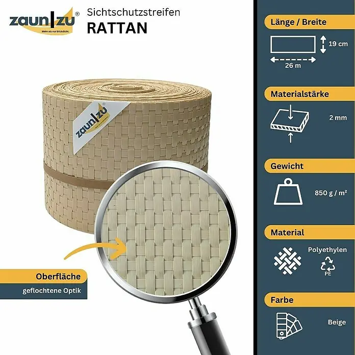 zaun|zu Sichtschutzstreifen Rattan PE - 26 m x 19 cm x 0,2 cm, Beige - Produktbild: Sichtschutzstreifen aus Rattan, beige, aus Polyethylen, 26 m Länge und 19 cm Breite.
