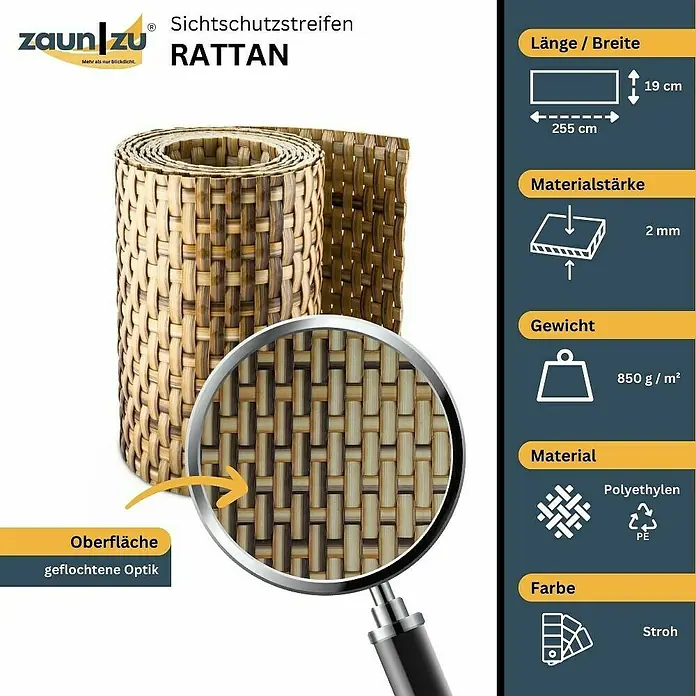 zaun|zu Sichtschutzstreifen Rattan Einzel - 2,55 m x 19 cm x 0,2 cm, Natur (Stroh) - Das Bild zeigt einen Zaunstreifen aus Rattan mit geflochtener Optik, Abmessungen 255 x 19 cm, Materialstärke 2 mm, Gewicht 850g/m² und Farbe Stroh.