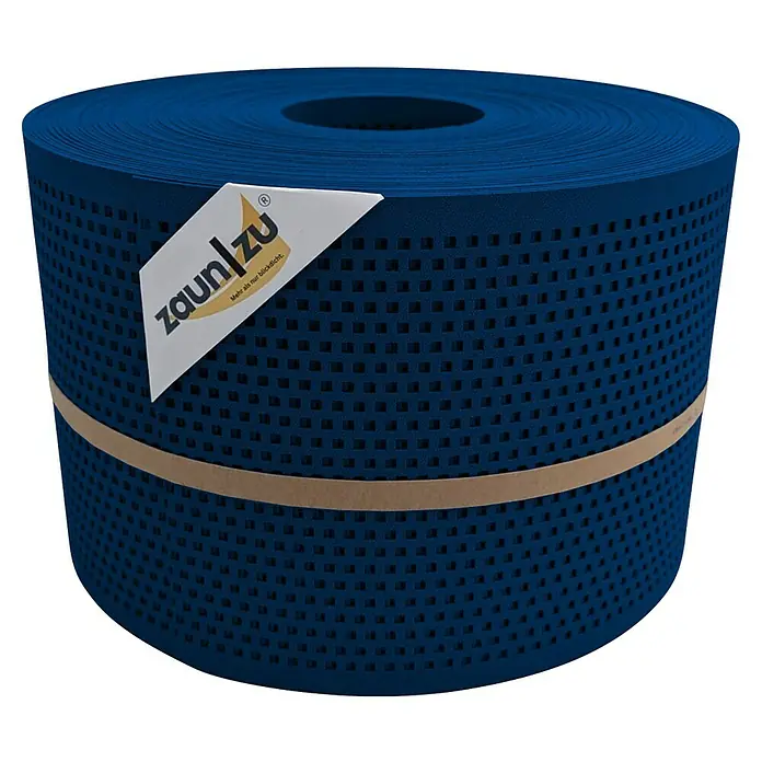 Sichtschutzstreifen Zaun|Zu Quadratisch - 50 m x 19 cm x 0,1 cm, Enzianblau - Eine Rolle Zaunfolie in blau, zusammengehalten durch ein Band, mit einem weißen Etikett.