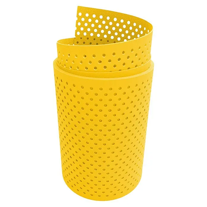 zaun|zu Sichtschutzstreifen Premium Gelocht 15% - 2,55 m x 19 cm x 0,1 cm, Gelb - Abbildung eines gelben, perforierten Lenkerbandes für Fahrräder, das sich spiralförmig aufrollt und eine strukturierte Oberfläche zeigt.