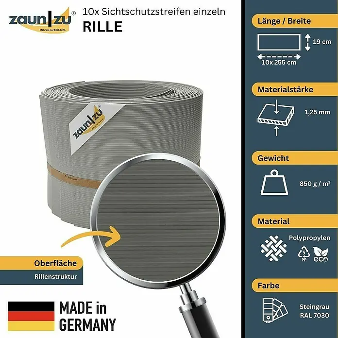 zaun|zu Sichtschutzstreifen Rille 10 x Einzelstreifen - 25,5 m x 19 cm x 0,1 cm, Steingrau - Bild von Zaunstreifen Rille: 10x Sichtschutzstreifen einzeln, Polypropylen, steingrau RAL 7030, Made in Germany, Oberfläche mit Rillenstruktur.