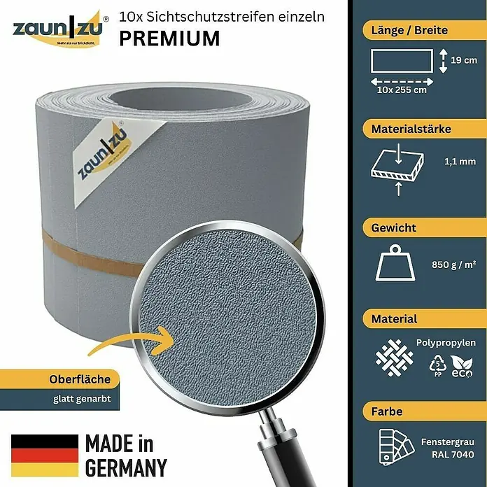 zaun|zu Sichtschutzstreifen DSZ 10 x 2, 55 m - 19 x 0,1 cm, Fenstergrau - Produktabbildung von 10 Zaunblendenstreifen Premium. Gefertigt aus Polypropylen, glatt genarbt und in Fenstergrau (RAL 7040).