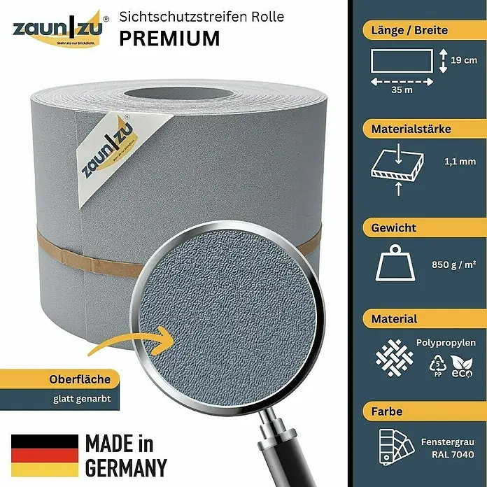 zaun|zu Sichtschutzstreifen Premium 35 m Rolle - 35 m x 19 cm x 0,1 cm, Fenstergrau - Sichtschutzstreifen Rolle Premium von Zaun zu. Die graue Sichtschutzfolie ist 35m lang, 19cm breit, 1,1mm dick und wiegt 850g/m².