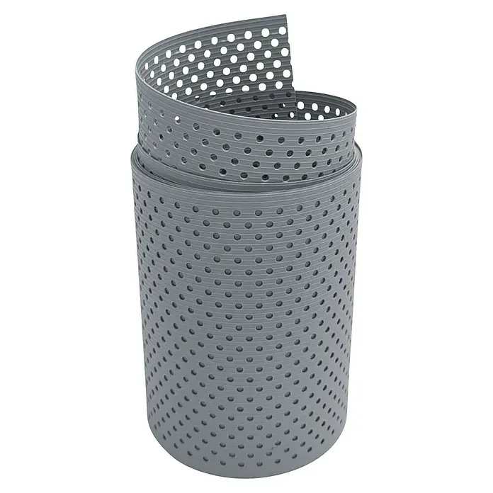 zaun|zu Sichtschutzstreifen Rille Gelocht 15% - 2,55 m x 19 cm x 0,1 cm, Fenstergrau - Graues, perforiertes und gerolltes Montageband. Ideal für die Befestigung von Rohren und Kabeln im Sanitär-, Heizungs- und Lüftungsbau.