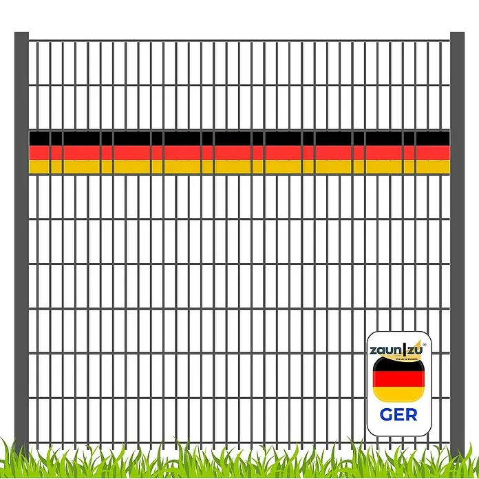 zaun|zu Sichtschutzstreifen Deutschland - 2,55 m x 19 cm x 0,1 cm, Schwarz/Rot/Gelb, Schmal - Bild eines Zaunpaneels mit Deutschlandfarben. Ein dekoratives und robustes Zaunelement für den Garten oder das Grundstück.